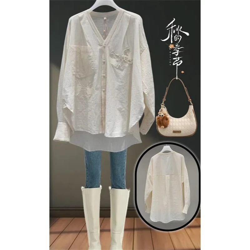 高级感V领中长款开衫衬衫外套女春秋新款胖妹妹大码洋气百搭上衣