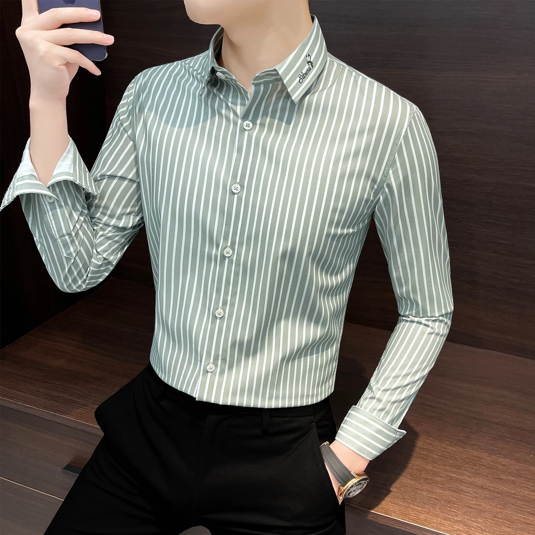 竖条纹长袖衬衫男款2025新款爆款商务轻奢男装高级感刺绣休闲衬衣
