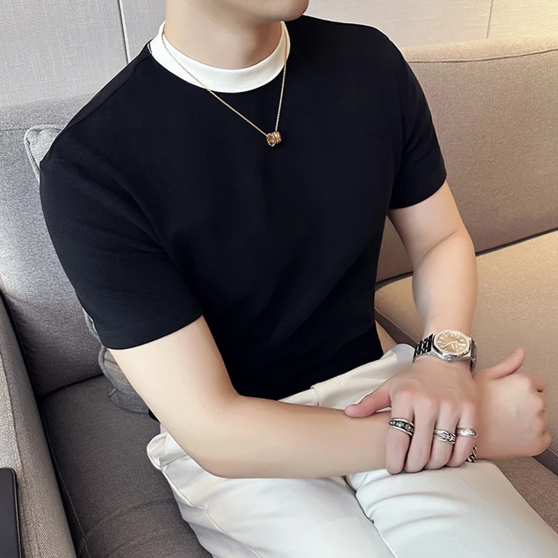 假两件男士t恤短袖修身高档半袖男款爆款2025新款半高领衣服男装
