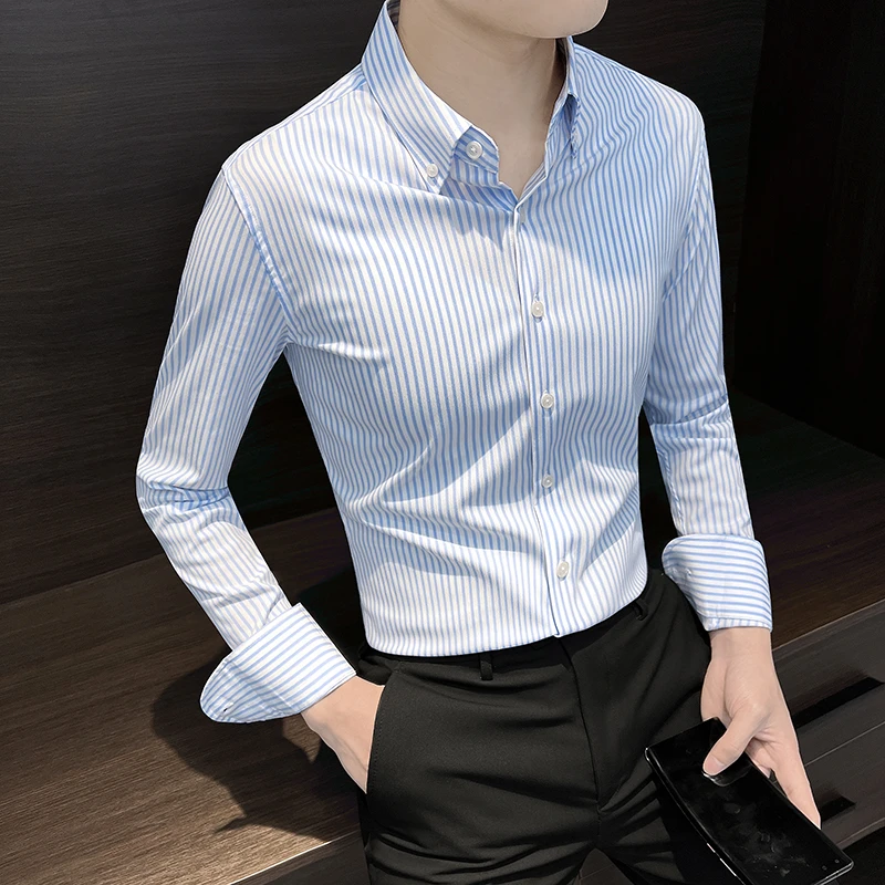 竖条纹男士长袖衬衫秋季男款爆款2025新款商务休闲高级感男装衬衣