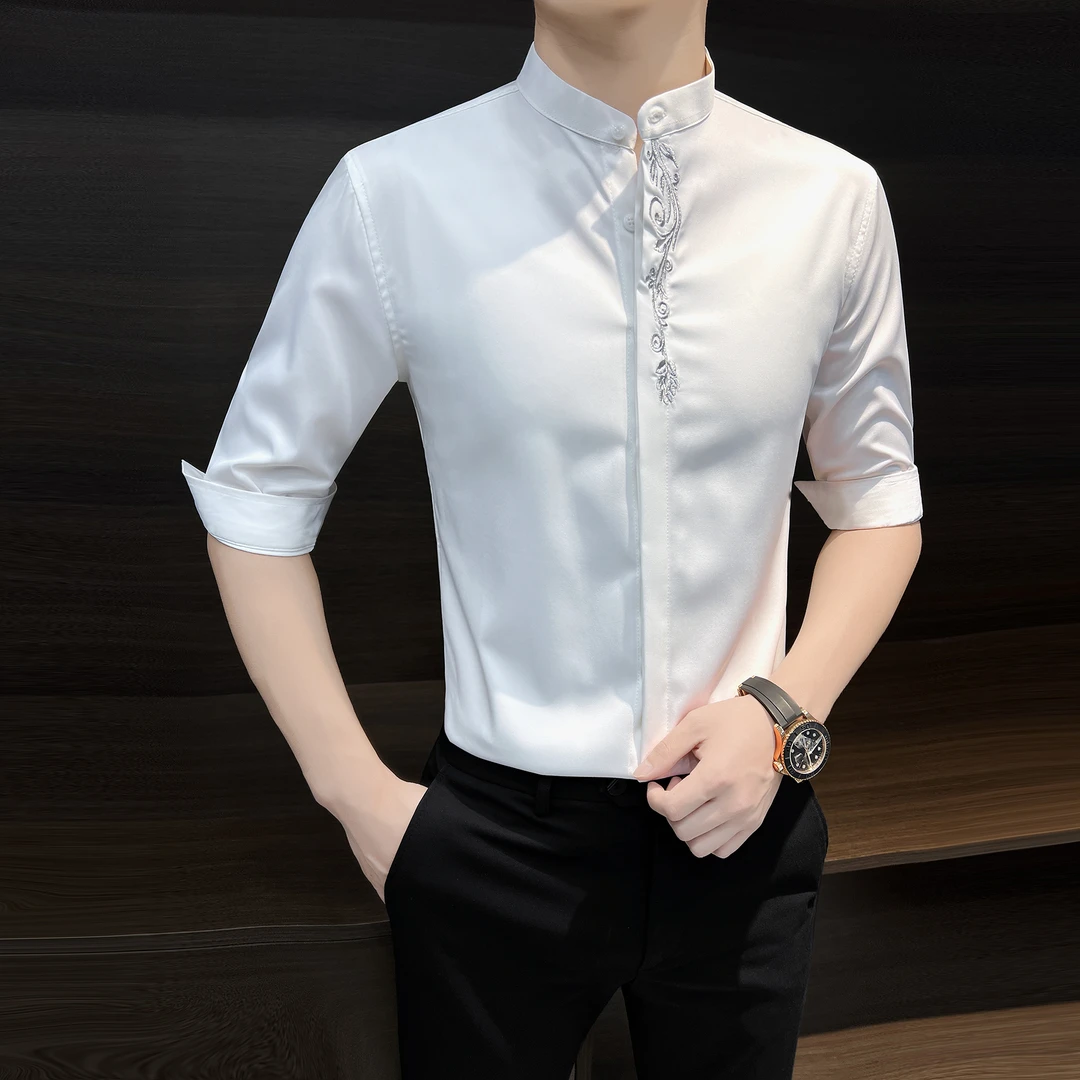 七分袖立领刺绣男士衬衫夏季款高档轻奢夏天冰丝修身花衬衣男短袖