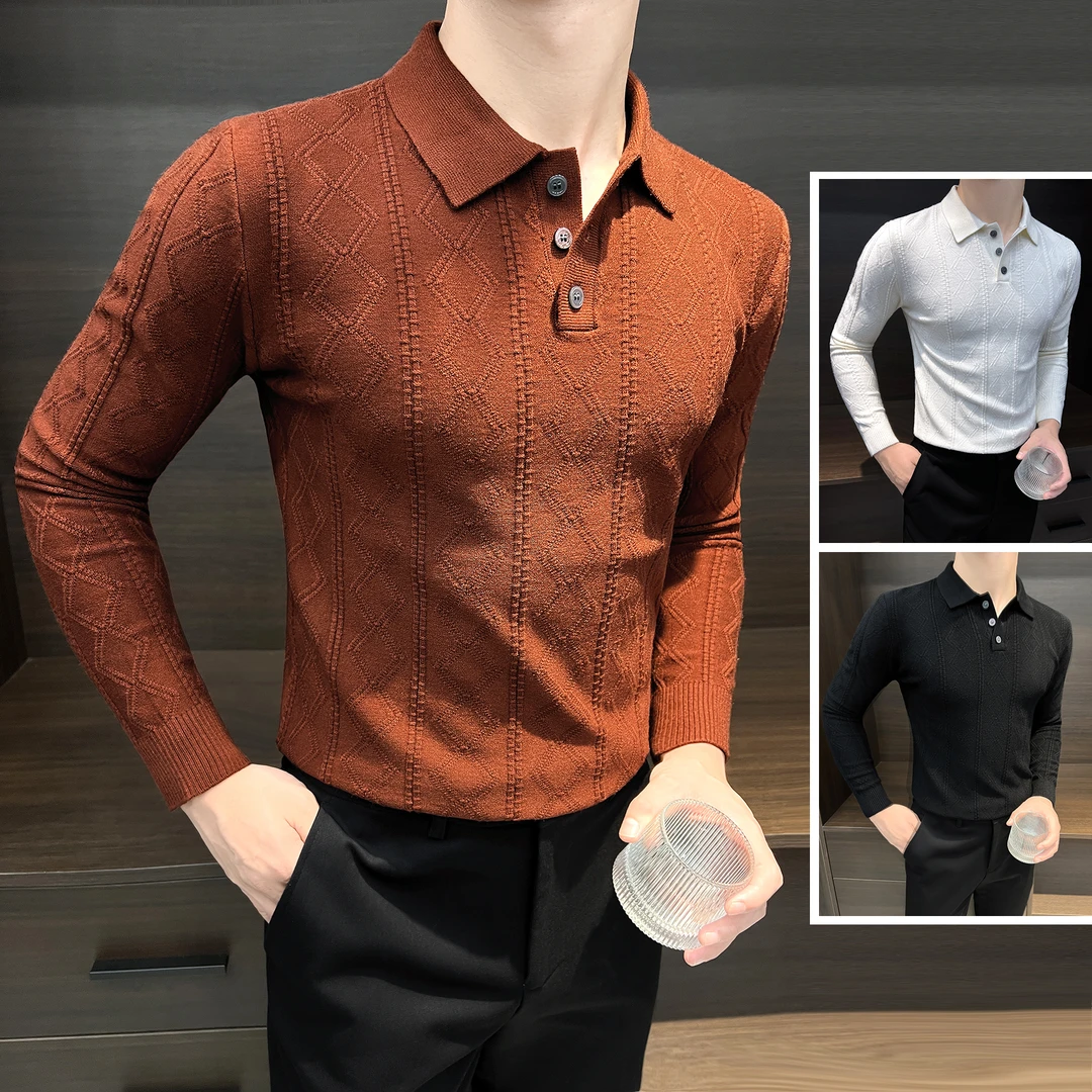 菱形格针织polo衫男款长袖痞帅高级感男装毛衣春季翻领男士打底衫