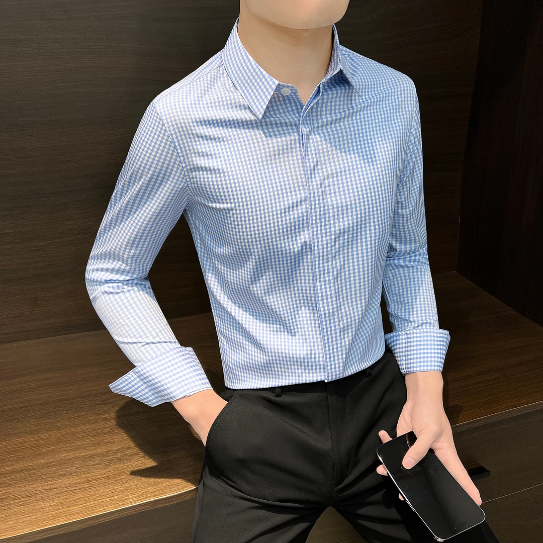 格子衬衫男款2025新款爆款高级感商务休闲男装暗门襟男士长袖衬衣