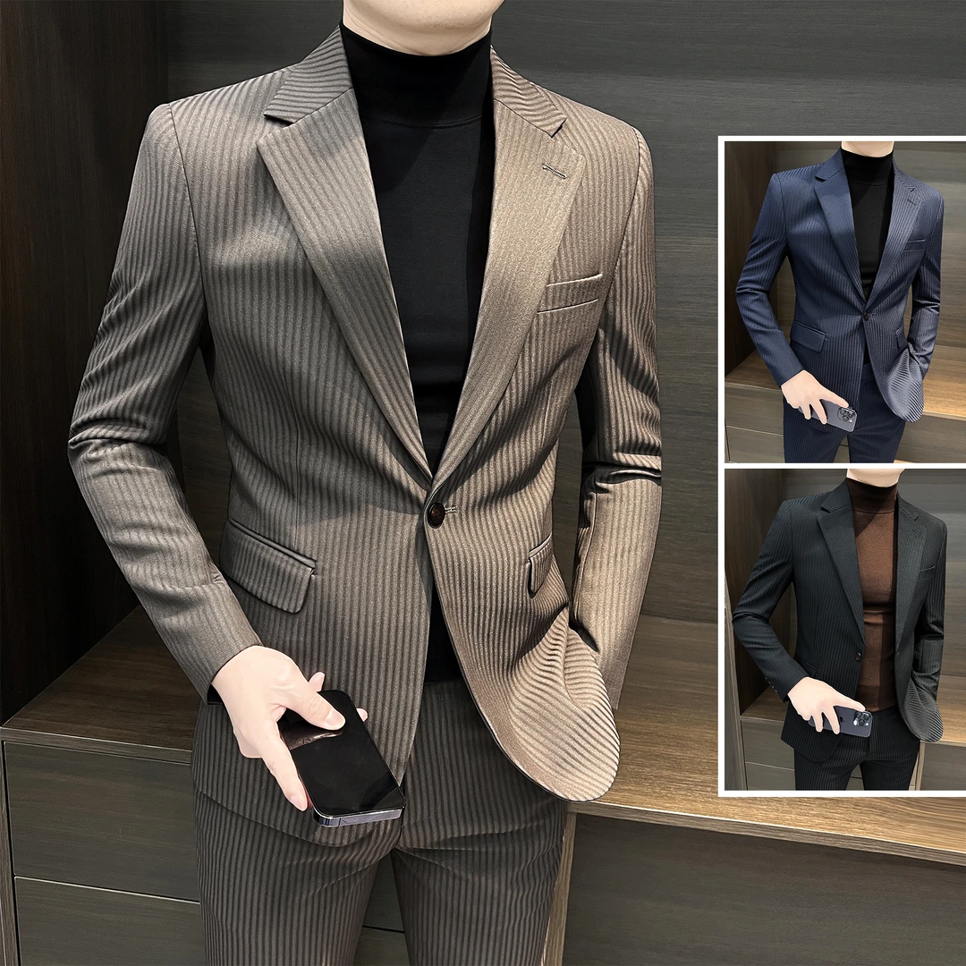 休闲西装外套男款2025新款爆款潮牌痞帅男装高级感条纹男士小西服