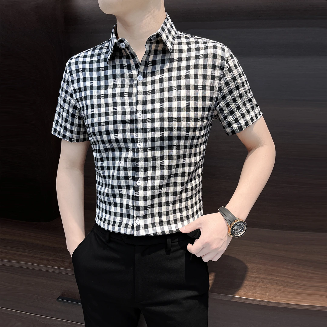 泡泡纱男士衬衫夏季爆款2025新款高级感男装薄款格纹短袖男款衬衣