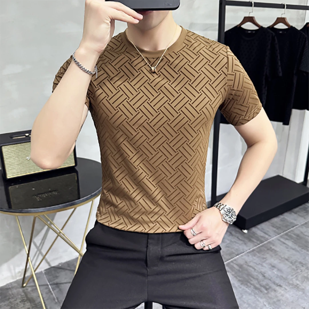 冰丝短袖男夏季紧身高端轻奢条纹2023网红男式高档t恤衫痞帅上衣