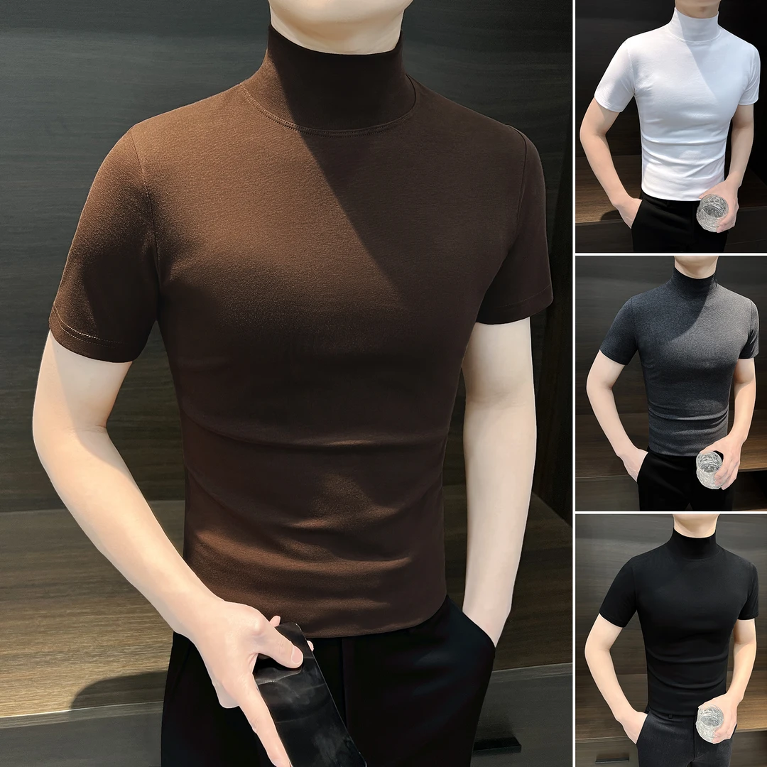 半高领短袖t恤男款爆款2025新款休闲男装痞帅内搭修身男士打底衫