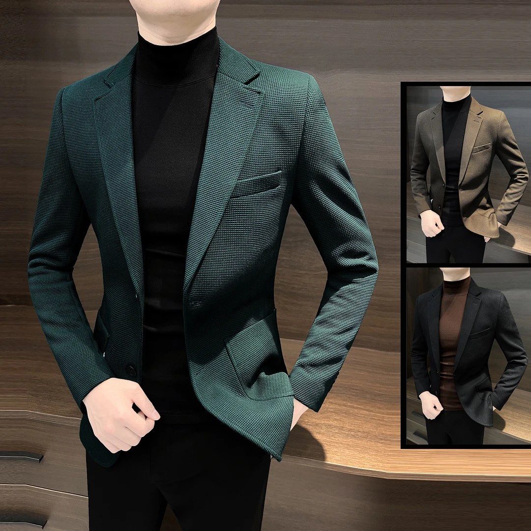 华夫格西装外套男款2025新款韩版修身男装高级感男士休闲格子西服