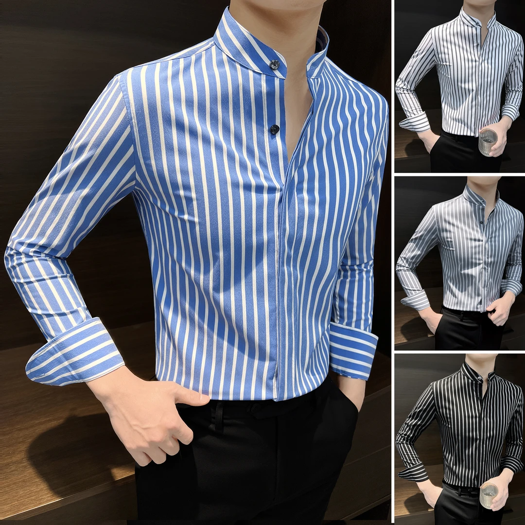 小立领衬衫男款痞帅高级感秋季2025新款条纹男士长袖衬衣商务男装