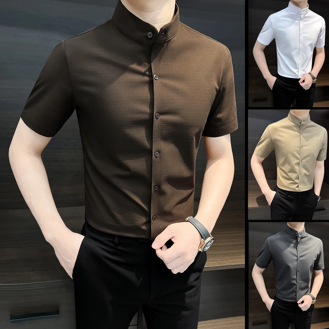 小格子立领男士短袖衬衫夏季轻奢高级感商务男装修身无痕男款衬衣