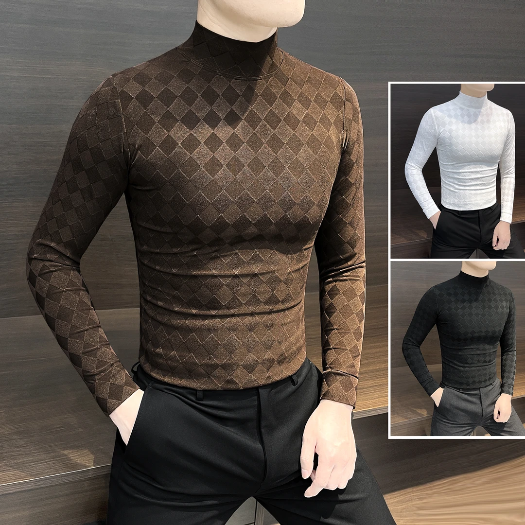 半高领男士打底衫冬季新款成熟痞帅男装棋盘格子中领男款长袖t恤