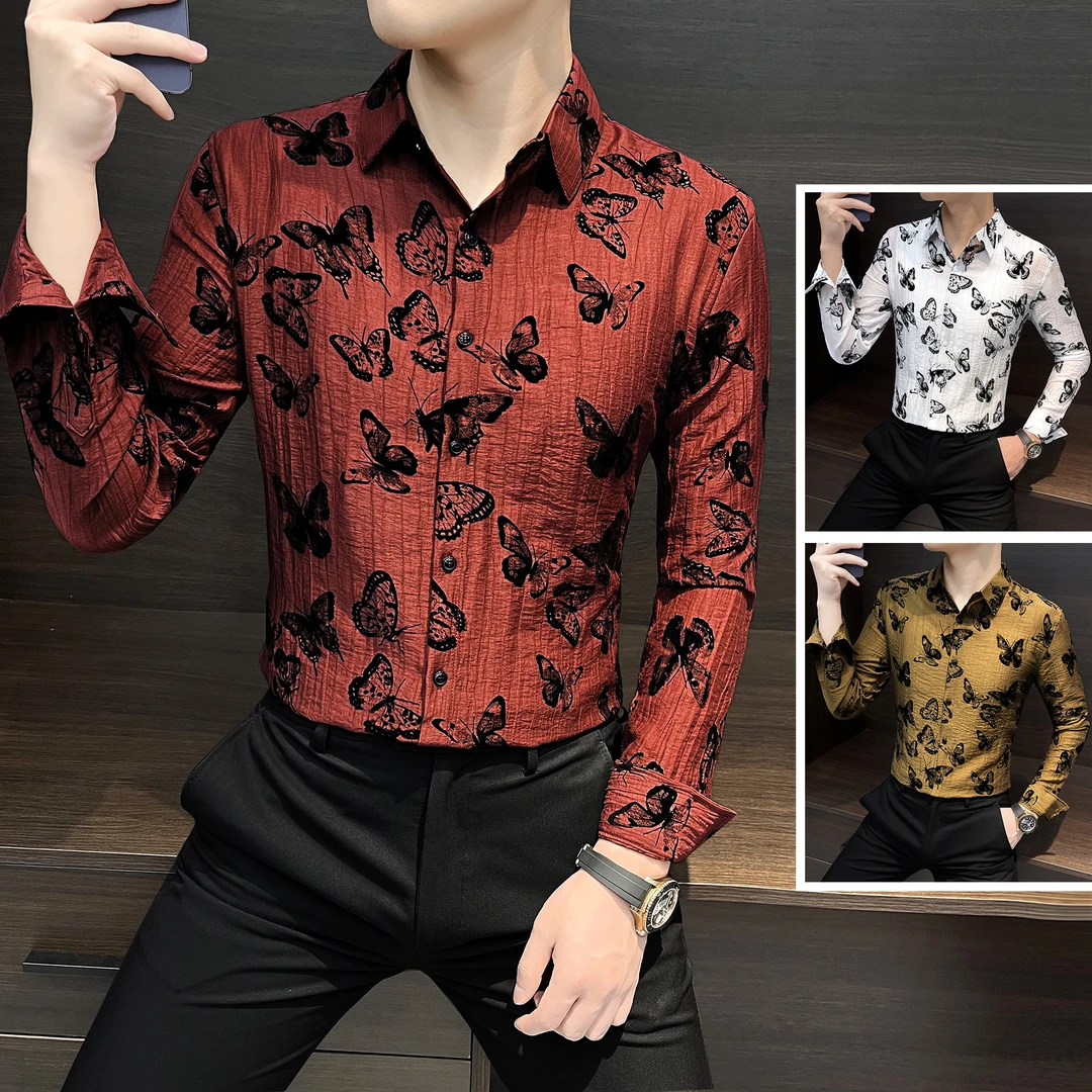 花衬衫男款长袖秋季痞帅高级感潮牌休闲男装蝴蝶印花红色男士衬衣