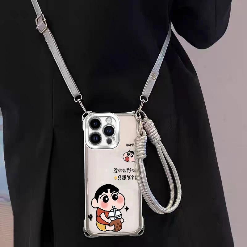 适用vivo/华为/小米/苹果16手机壳动漫风带挂绳斜挎透明硅胶防摔