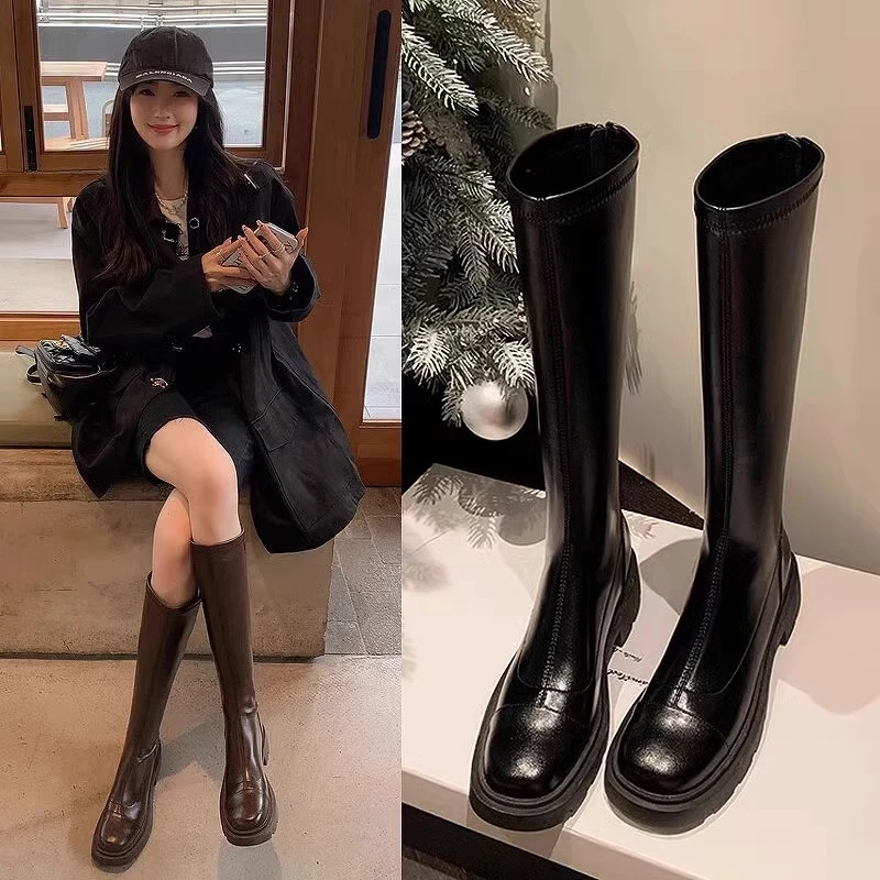 黑色粗跟厚底高筒靴女靴新款不过膝长筒靴真皮弹力瘦瘦靴骑士靴子