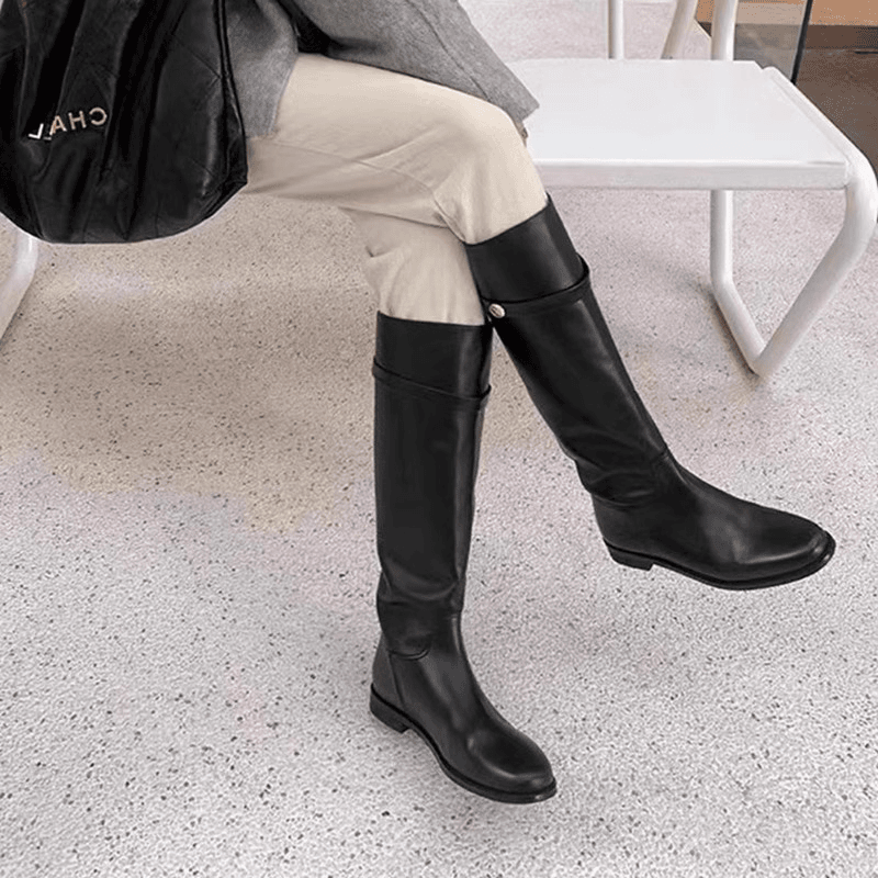 香港长筒靴时尚骑士靴女2024秋冬新款真皮软底粗跟厚底中高筒靴子