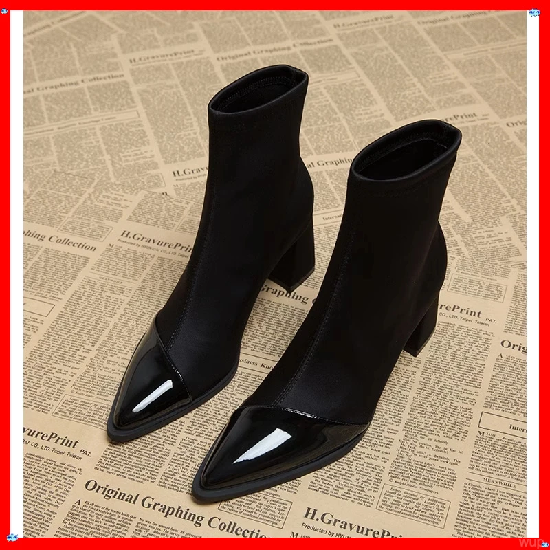 秋冬时尚气质靴子尖头粗跟绒面短靴百搭加绒设计感显短款过膝瘦瘦