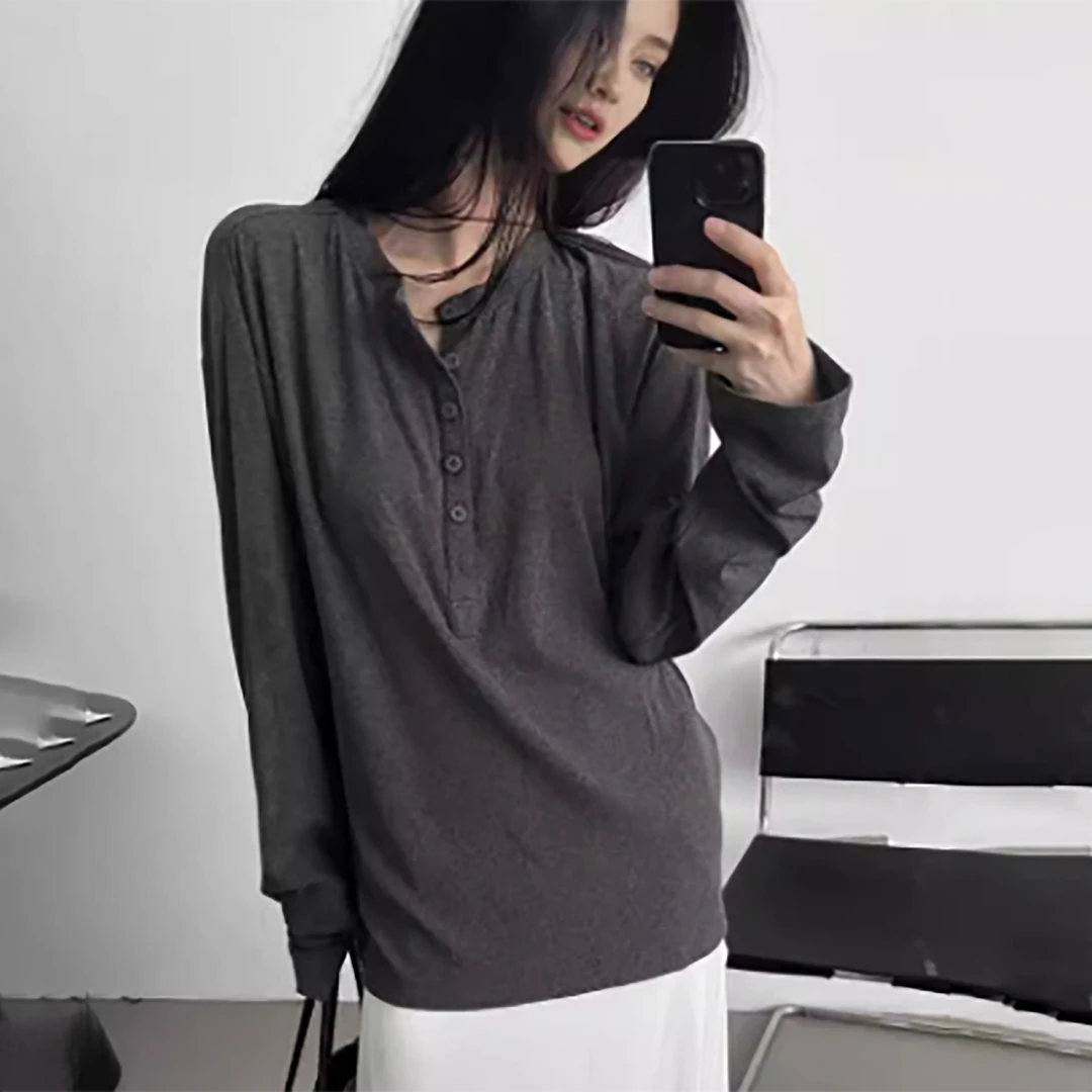 宽松垂感廓形Cleanfit柔软舒适百搭显身材多色可选亨利领长袖T恤