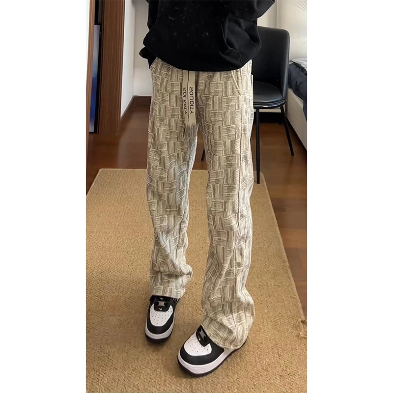 美式复古灯芯绒格子裤男款秋冬加绒加厚编织纹裤直筒休闲运动卫裤