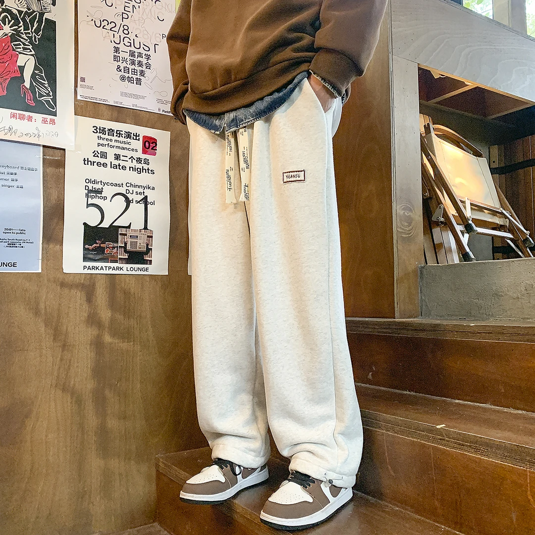 裤子男ins潮牌百搭秋冬季保暖宽松直筒加绒加厚阔腿运动休闲卫裤