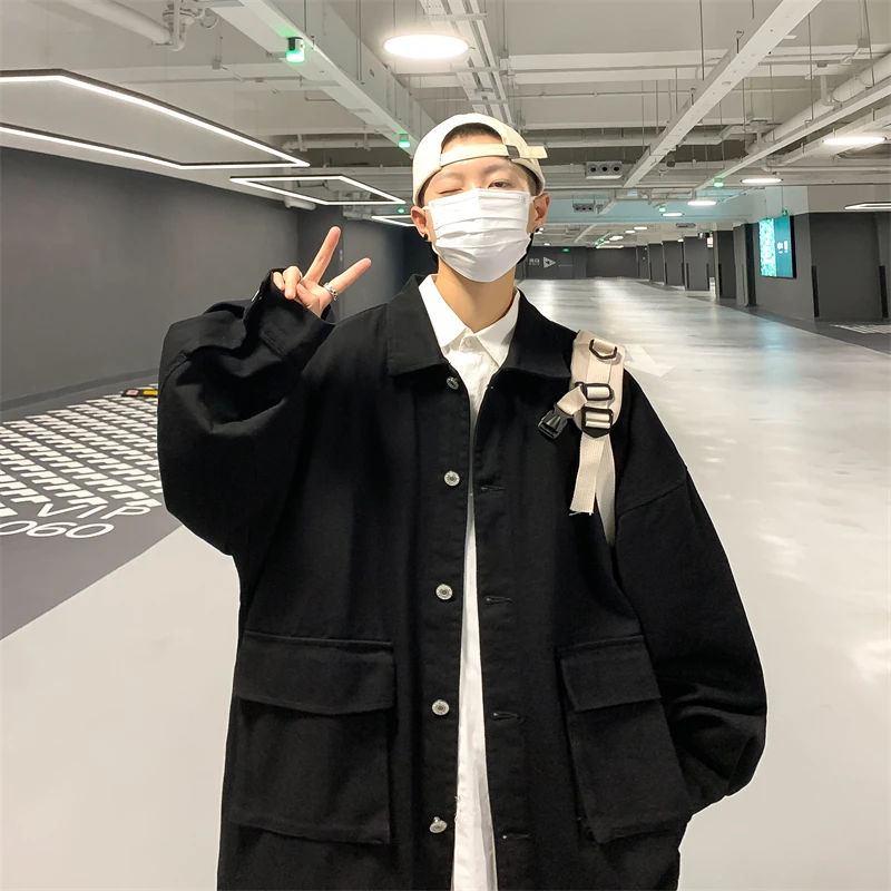 春秋季新款港风工装立体大口袋水洗夹克男女大码休闲百搭宽松上衣