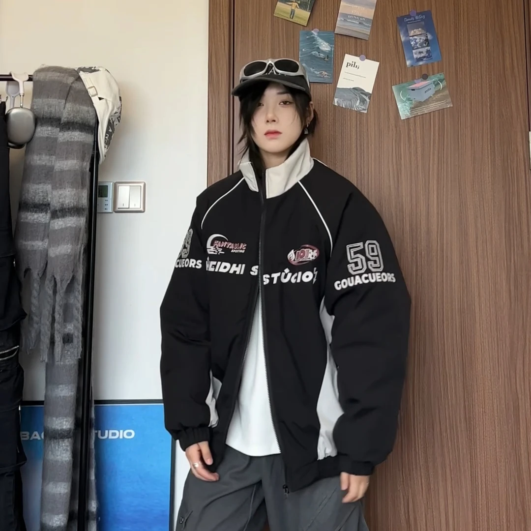 美式复古撞色印花立领机车棉服男士潮牌秋冬宽松休闲情侣夹克外套