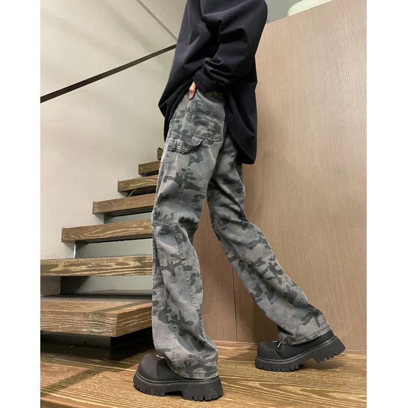 迷彩工装牛仔裤男款美式复古vibe裤子高街潮牌cleanfit伐木微喇裤