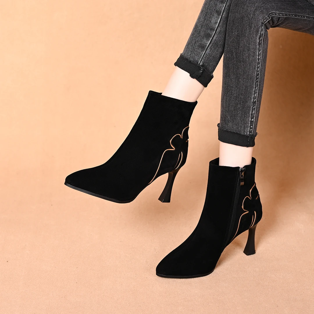 新款小跟短靴女冬季加绒高跟鞋气质春秋单靴尖头细跟瘦瘦靴