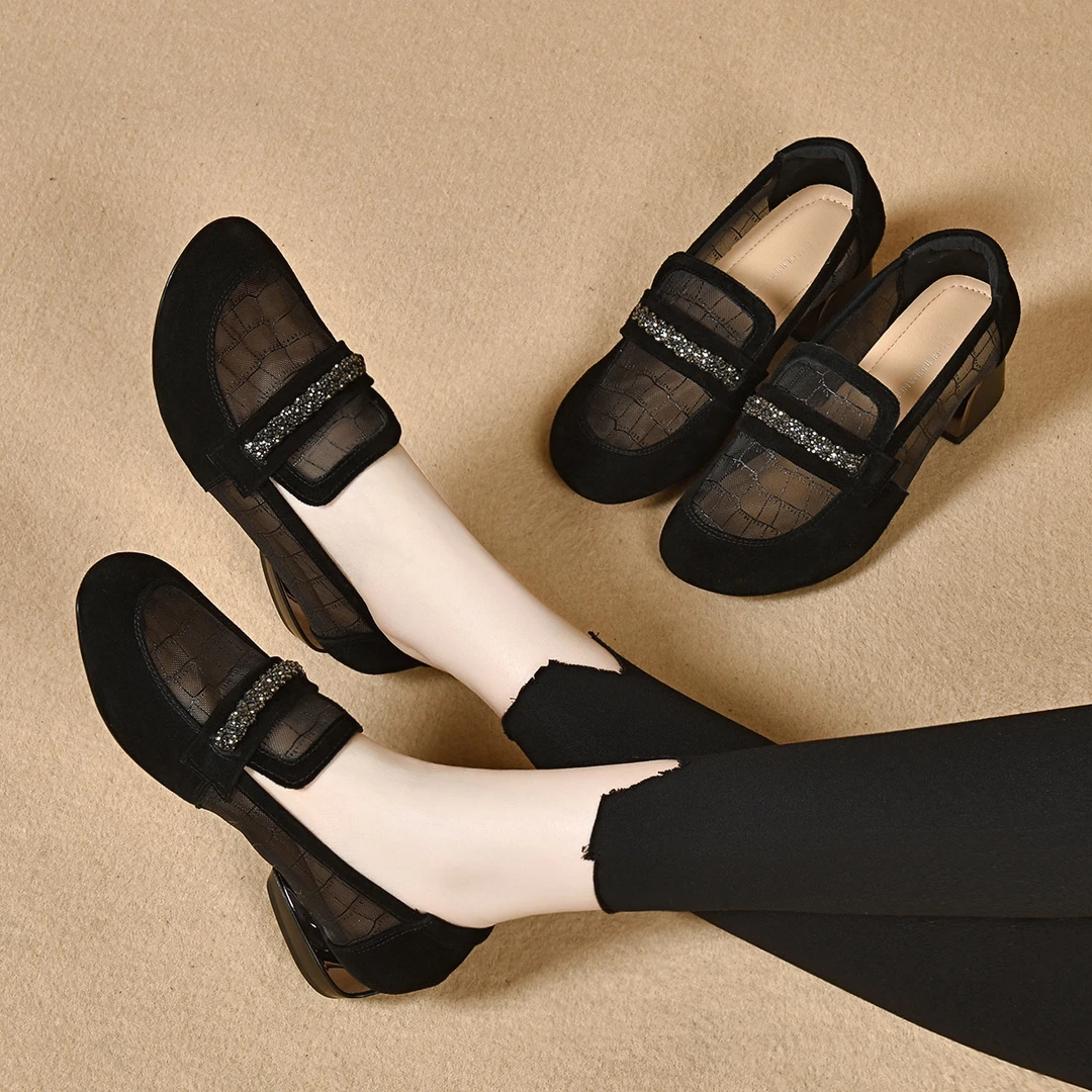 厚底单鞋女2024新款夏季圆头平底皮鞋镂空透气软底豆豆鞋妈妈凉鞋