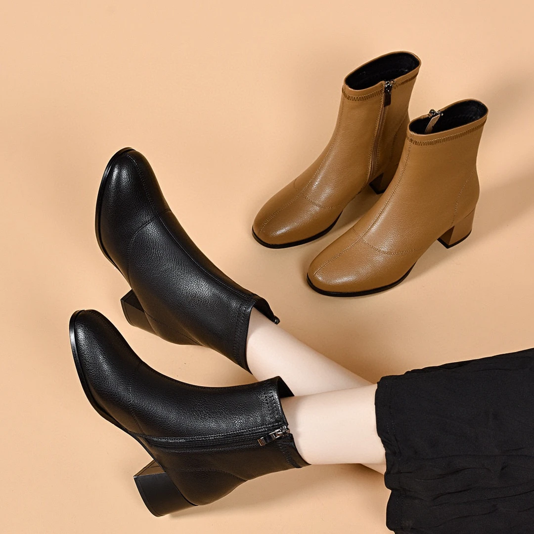 圆头低跟中筒女靴2025新款春秋单里冬季棉里简约粗跟气质女靴