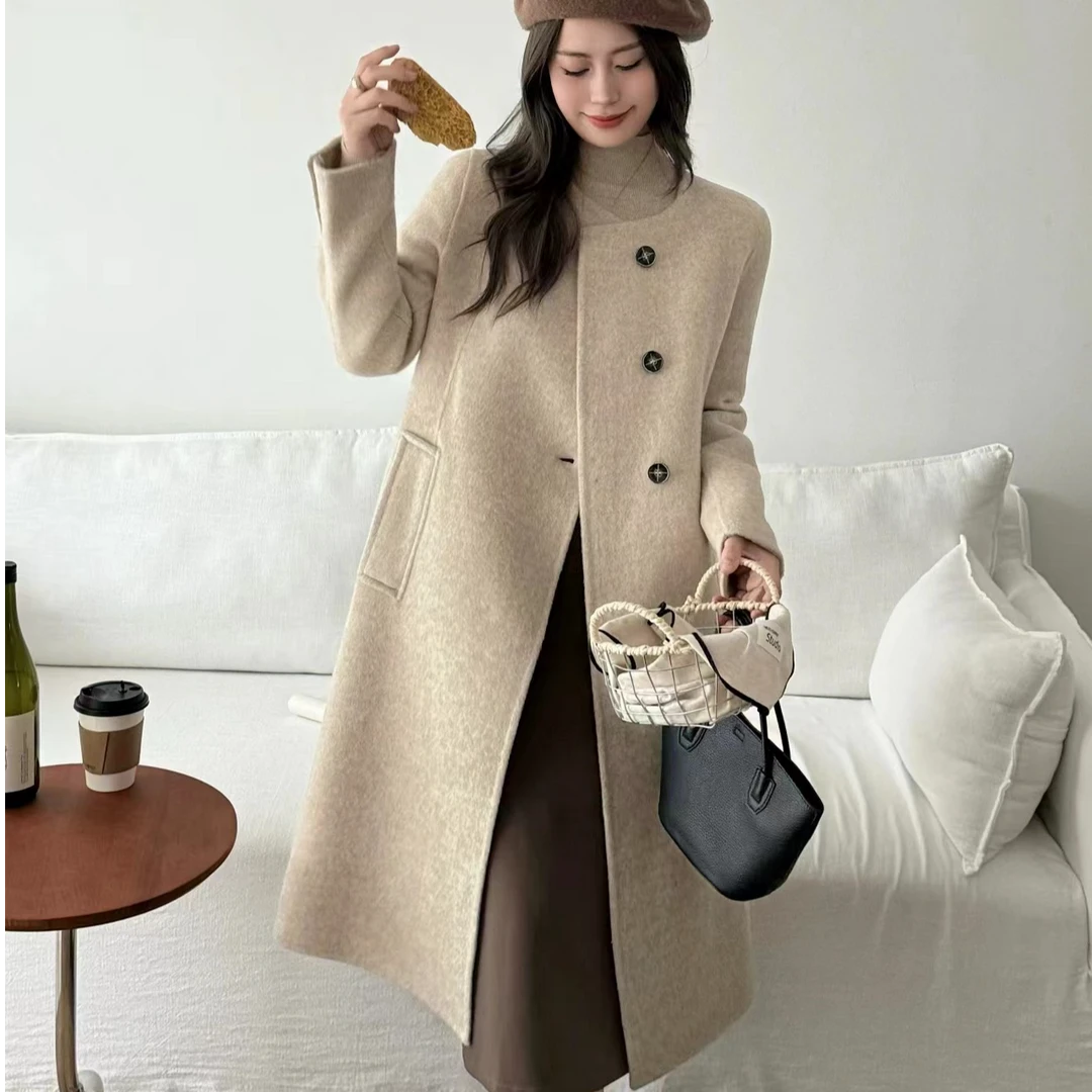 2024秋冬新款设计感高档复古圆领单排扣双面羊毛气质女大衣外套