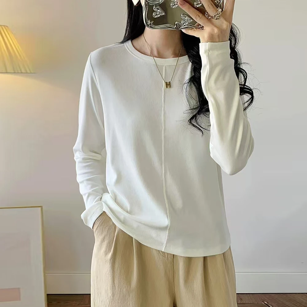 韩版弹力纯色竖条T恤女春秋新款休闲显瘦圆领打底小众长袖上衣潮