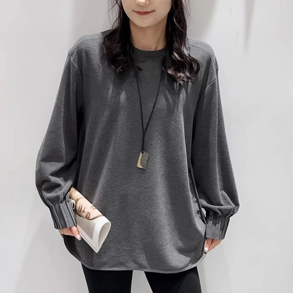 纯色双面磨毛加厚圆领中长款套头褶皱袖口卫衣女秋冬新款休闲上衣