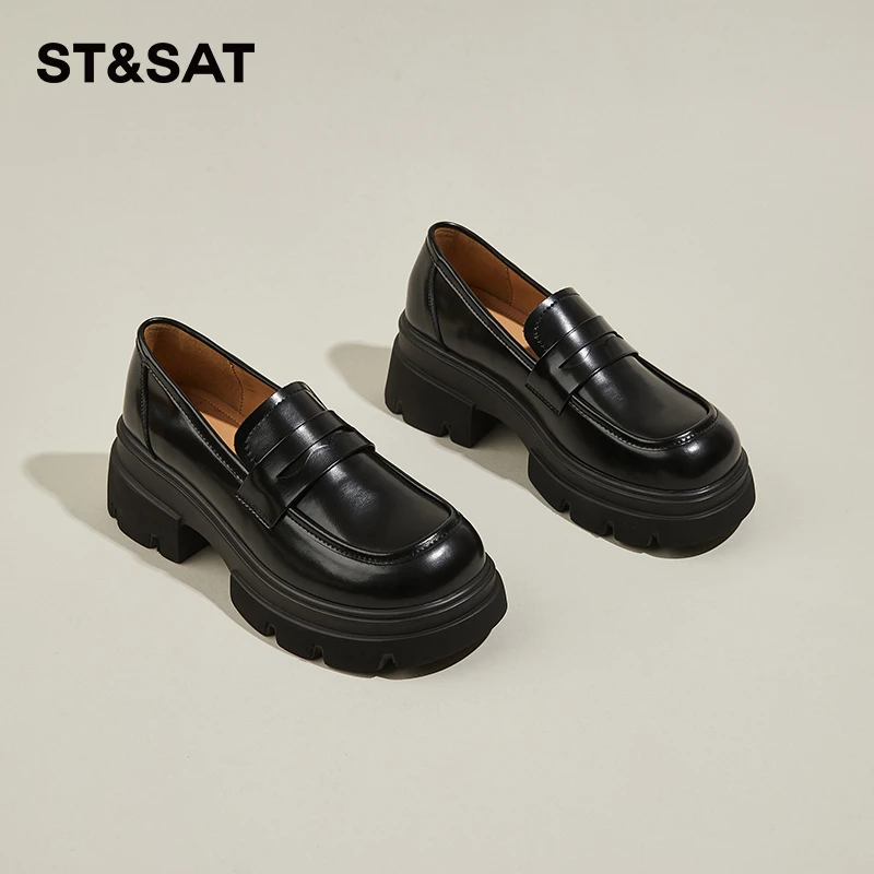 星期六黑色英伦风厚底真皮女鞋冬季新款单鞋百搭粗跟法式乐福鞋女