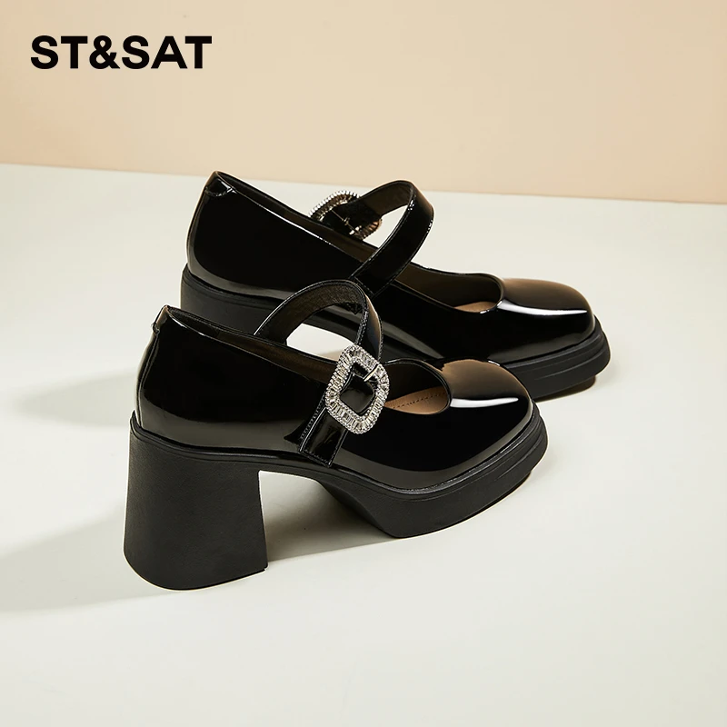 星期六新款黑色玛丽珍女鞋2025年冬季款粗跟皮鞋方头法式高跟单鞋