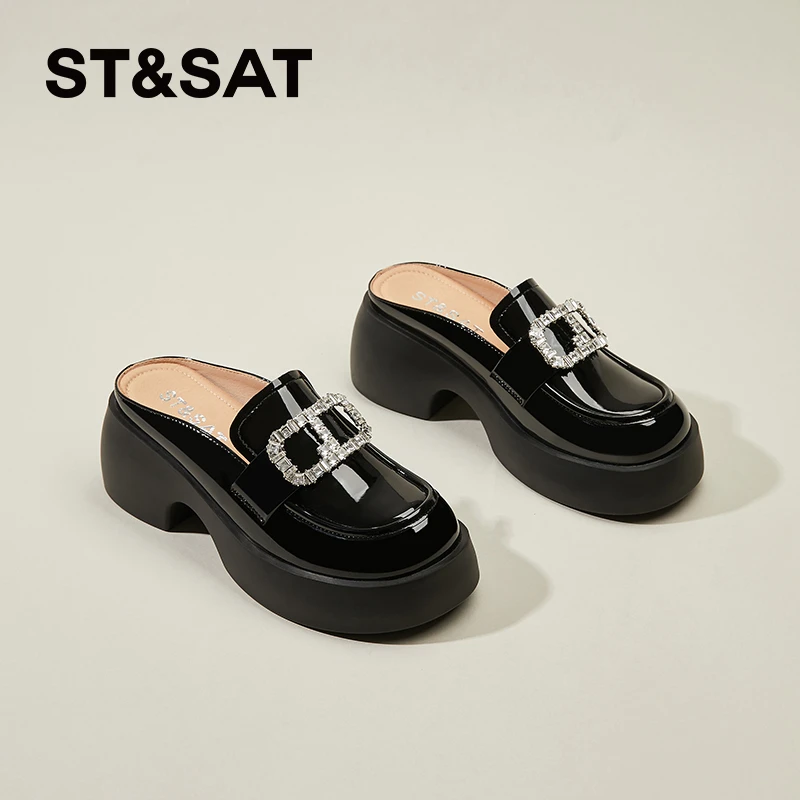 星期六包头半拖鞋女鞋外穿水钻方扣穆勒鞋2025新款夏季厚底懒人鞋