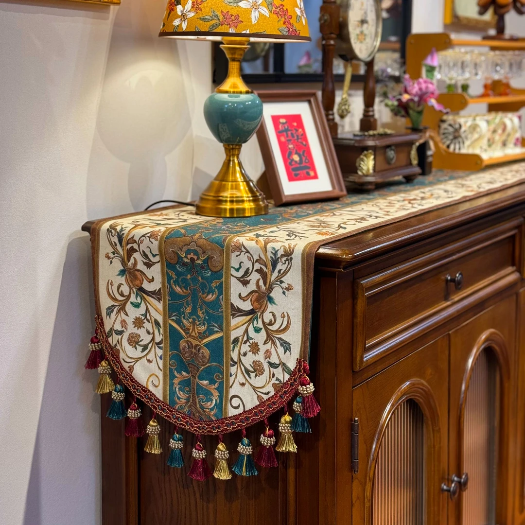 爱丽娜美式复古亚麻桌旗斗柜高档桌旗餐边柜桌旗电视柜民族风流苏