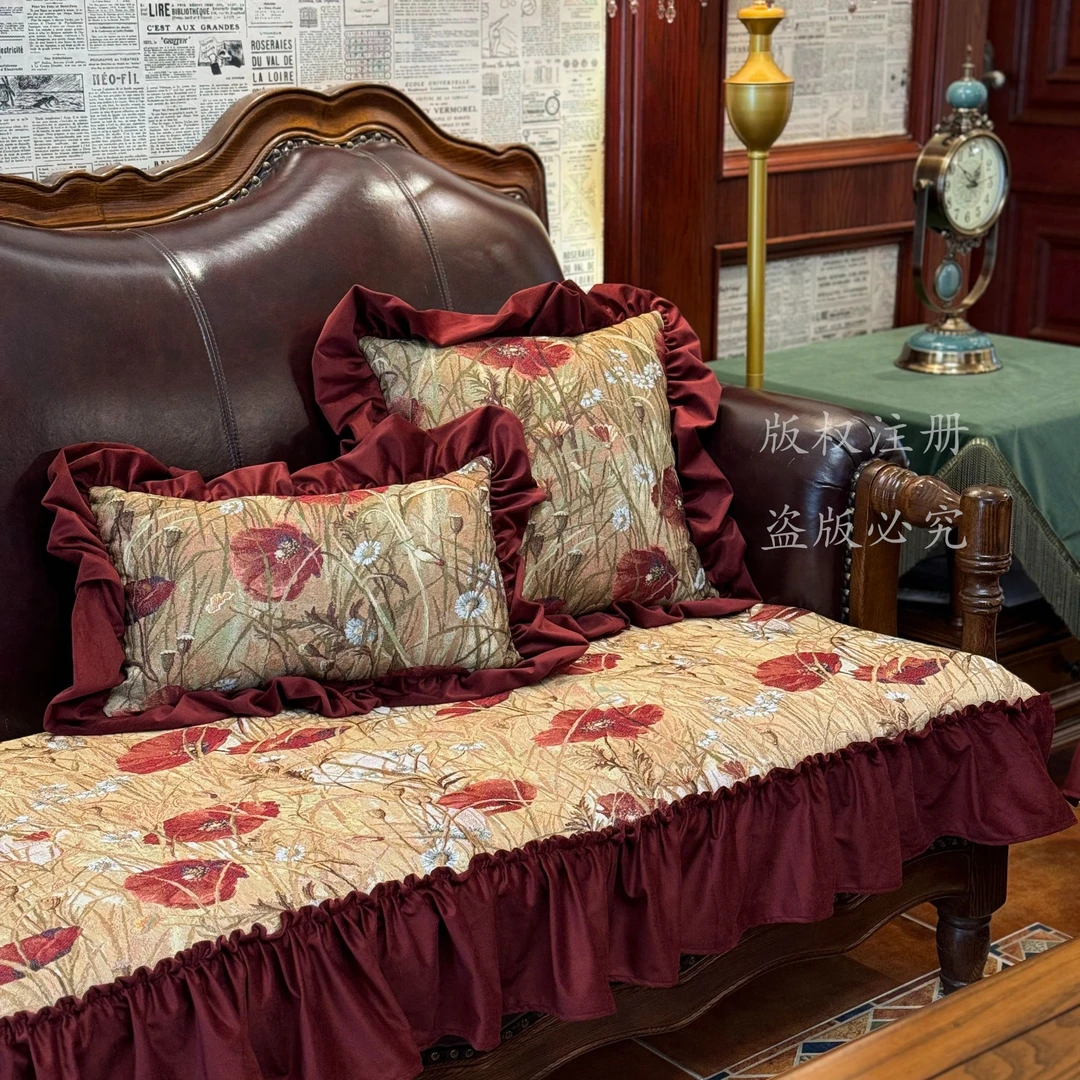 流金岁月复古美式沙发垫轻奢复古防滑坐垫四季通用棉麻沙发套罩