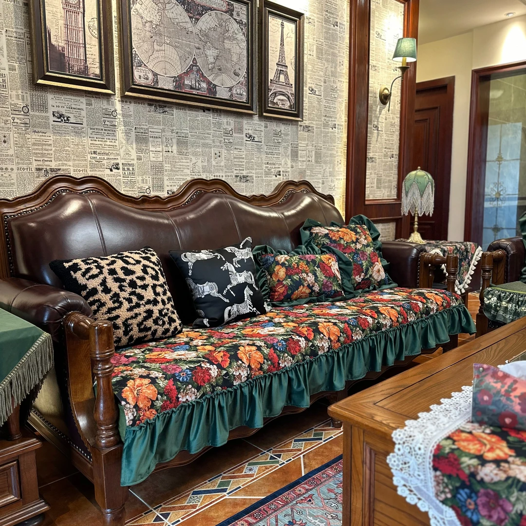 美式复古花卉提花棉麻沙发垫美式坐垫沙发套罩皮沙发沙发套