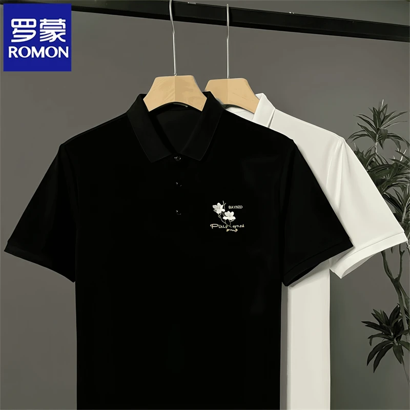 Romon/罗蒙男士花卉刺绣短袖Polo衫修身休闲商务百搭翻领修身T恤