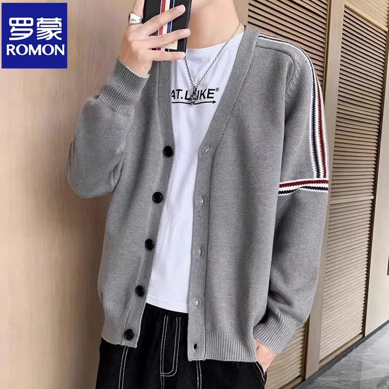 罗蒙百搭毛衣男士2025春秋季新款潮牌V领毛线衣休闲针织衫外套男