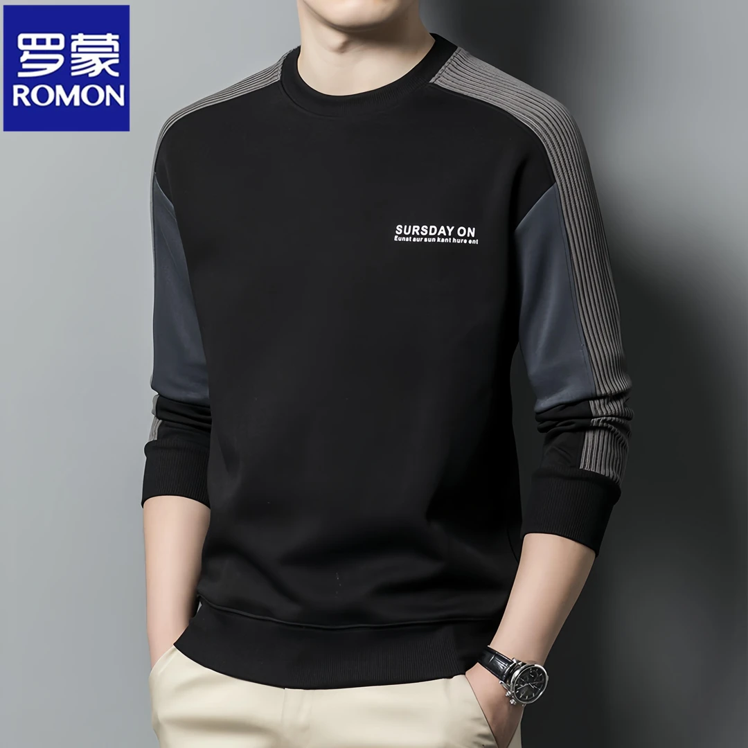 罗蒙春秋季新款拼色圆领卫衣宽松休闲体恤潮流打底衫男士长袖T恤
