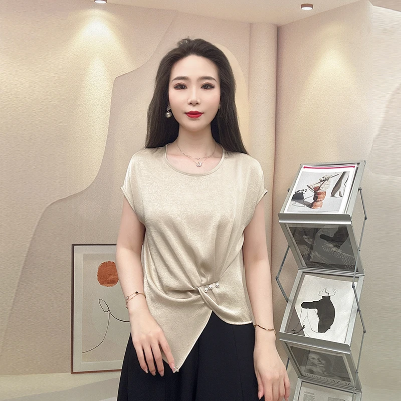 2025新款气质夏季收腰圆领短袖T恤时尚不规则显瘦遮肚子上衣小衫