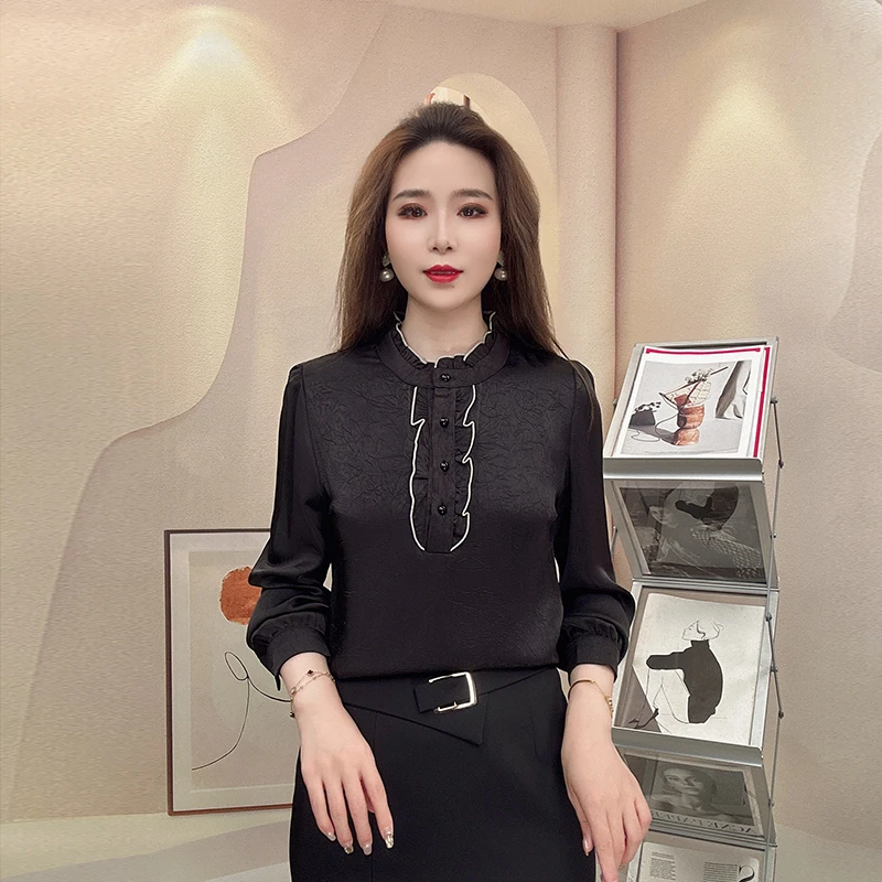 2025春季新款木耳边长袖衬衫上衣洋气新款宽松遮肚子提花打底小衫
