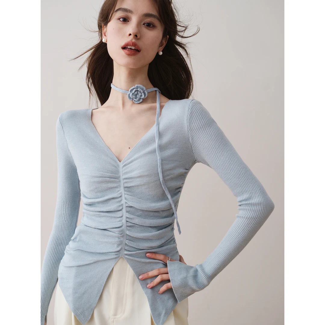 ron&ron纯欲别致褶皱修身V领针织衫秋冬新款小众收腰显瘦绝美小衫