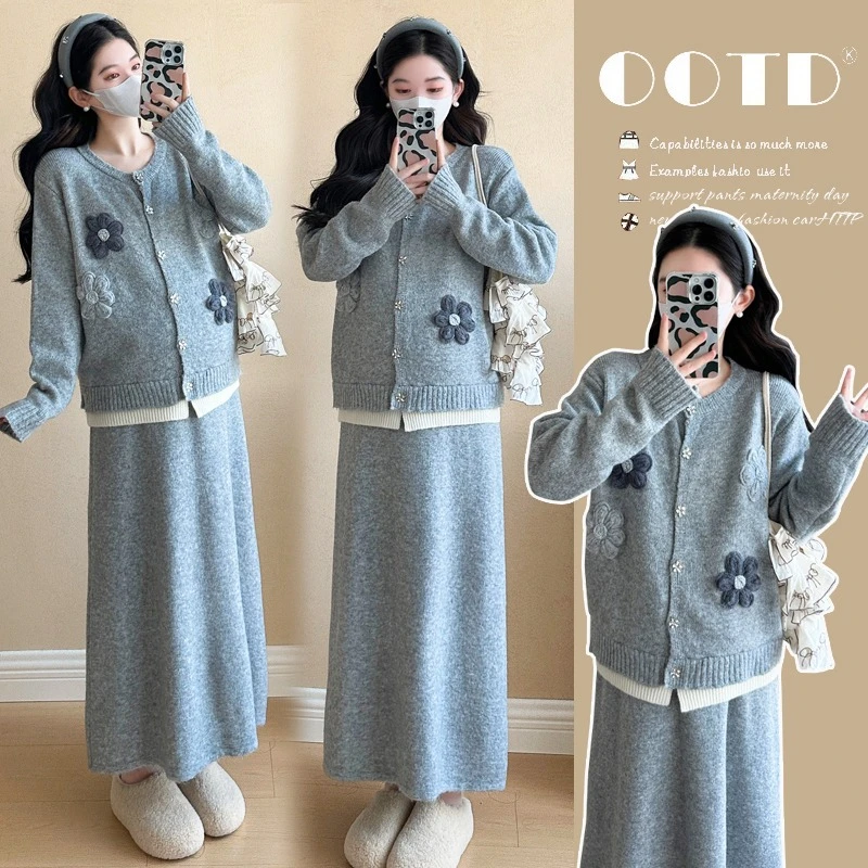 2025冬季新品韩版时尚减龄显瘦重工花朵上衣裙子孕妇套装两件套女