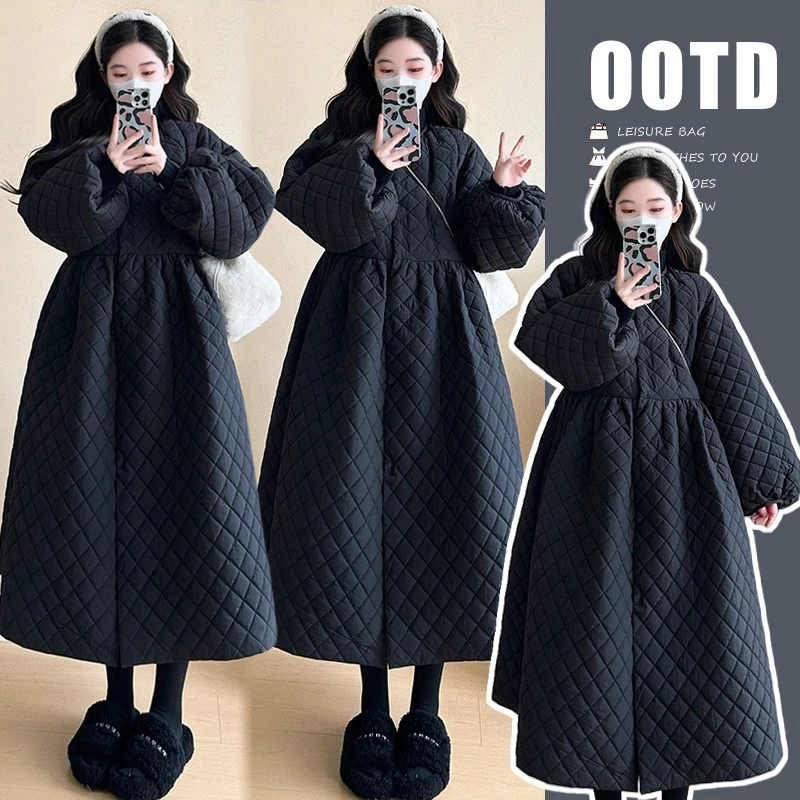 时髦孕妇装冬季韩版复古风黑色压棉加厚潮棉服连衣裙长款洋气宽松