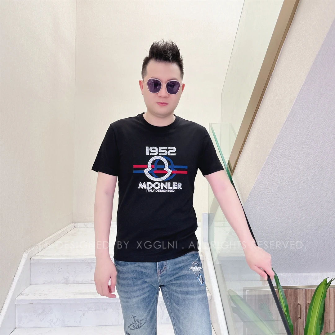 春夏款NL蓝红串带银色字男士品质高端轻奢洋气上档次短袖t恤潮牌