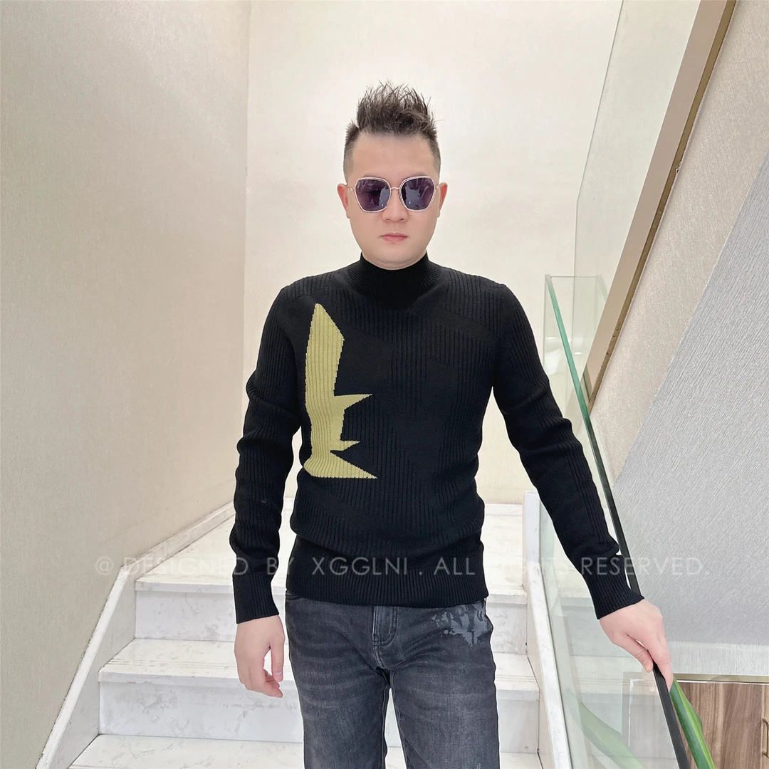 冬季款GF右侧大块异色一体织毛衣高端轻奢加厚保暖男士长袖羊毛衫