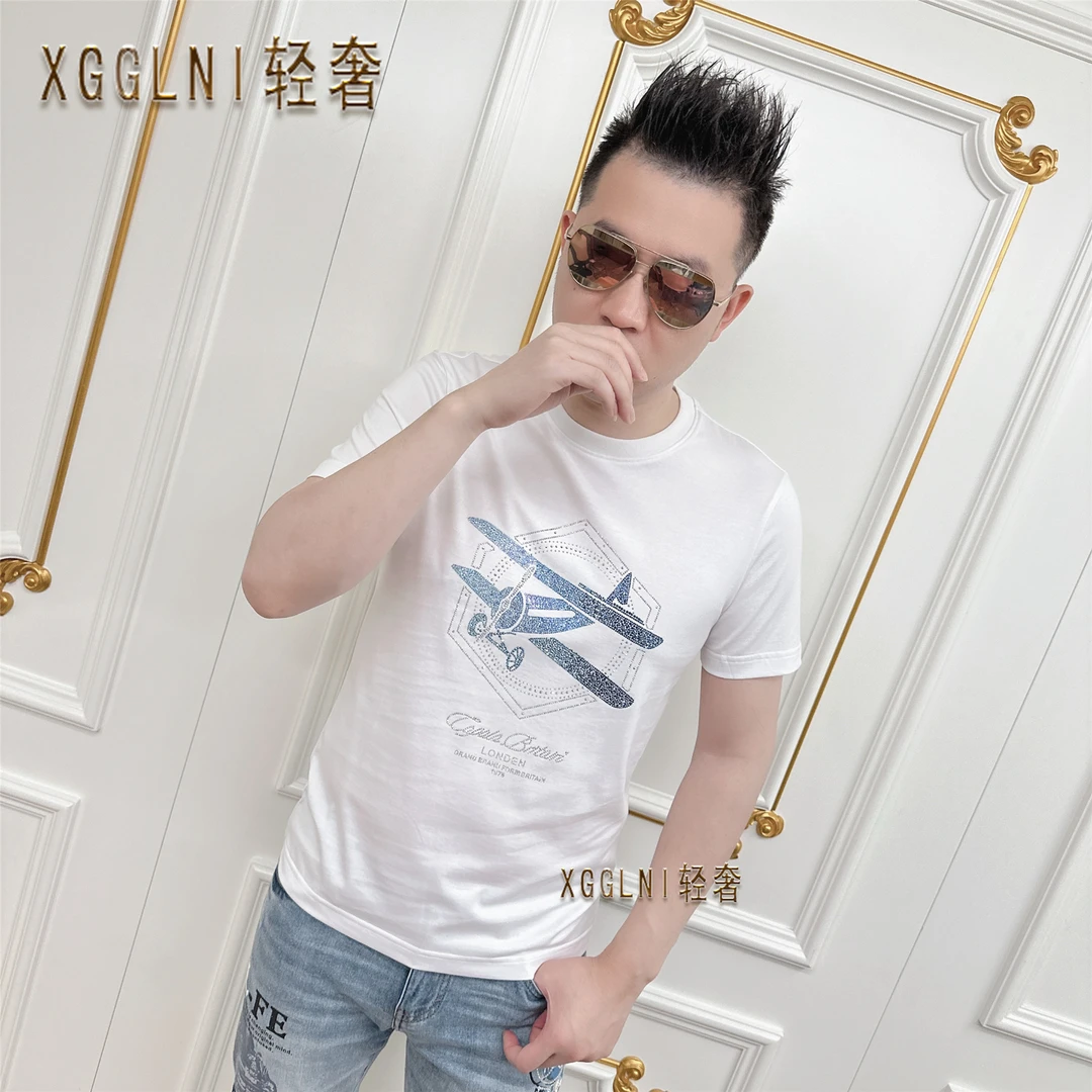 夏季款CPL蓝色烫钻飞机男士品质高端轻奢洋气上档次短袖t恤潮男装