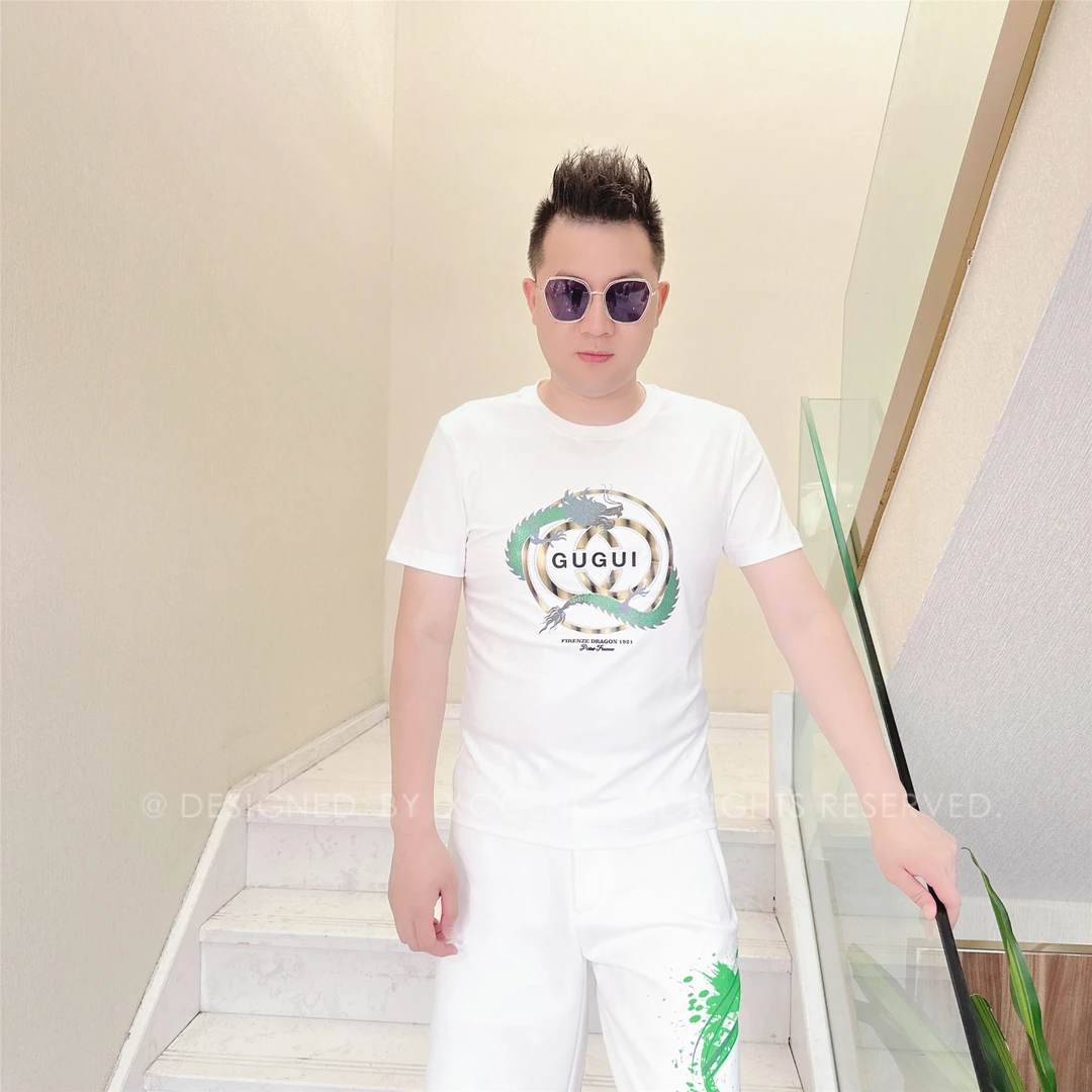 夏季款NL龙缠绕圆圈男士品质高端轻奢洋气上档次短袖t恤潮牌男装